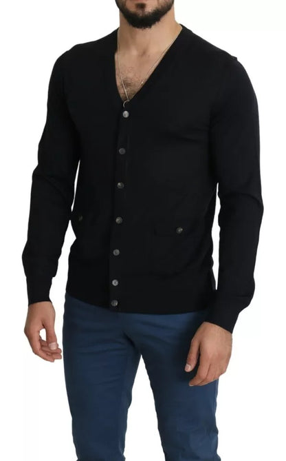 Black Wool Button Down Men Cardigan Sweater