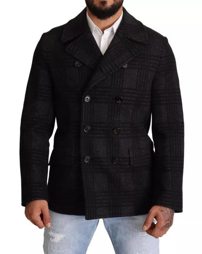 Black Trench Coat Check Wool Jacket