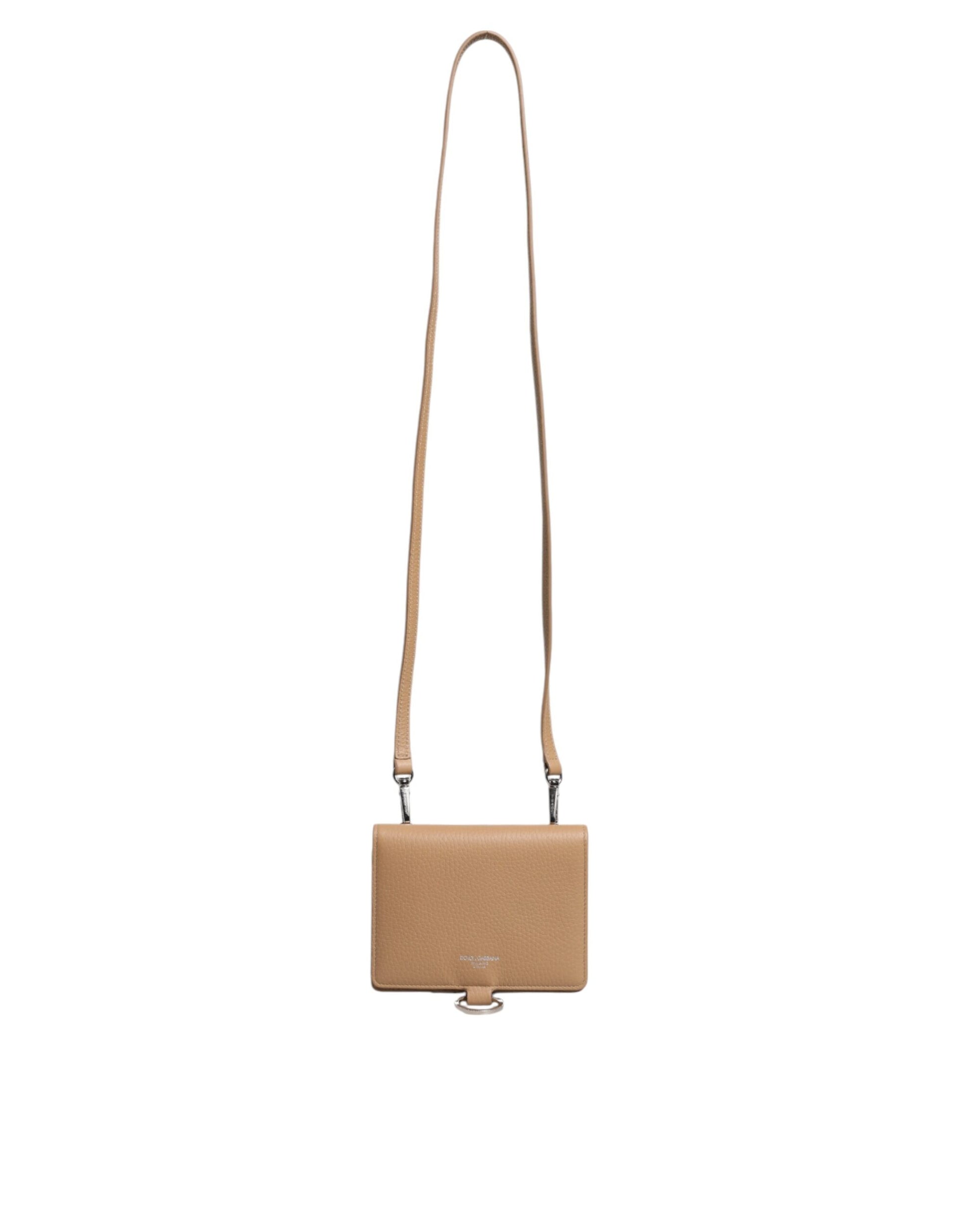 Beige Calf Leather Bifold Crossbody Sling Wallet