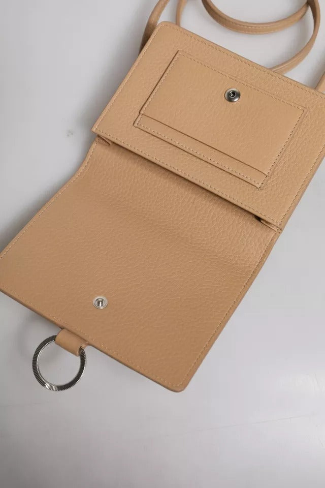 Beige Calf Leather Bifold Crossbody Sling Wallet