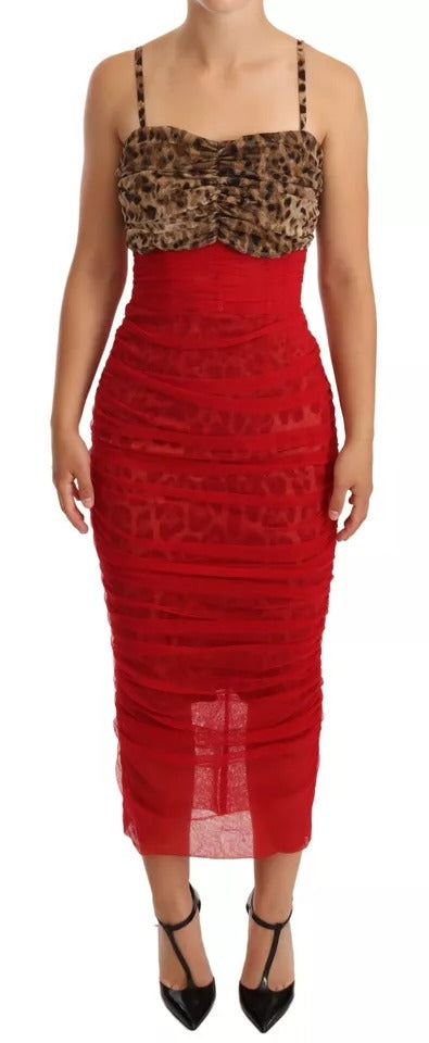 Brown Leopard Red Tulle Sheath Midi Dress