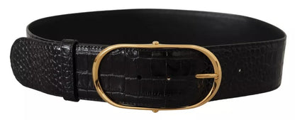 Black Wide Embossed Leather Gold Metal Buckle Belt