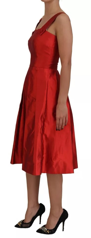 Red A-line Pleated Midi Satin Silk Dress