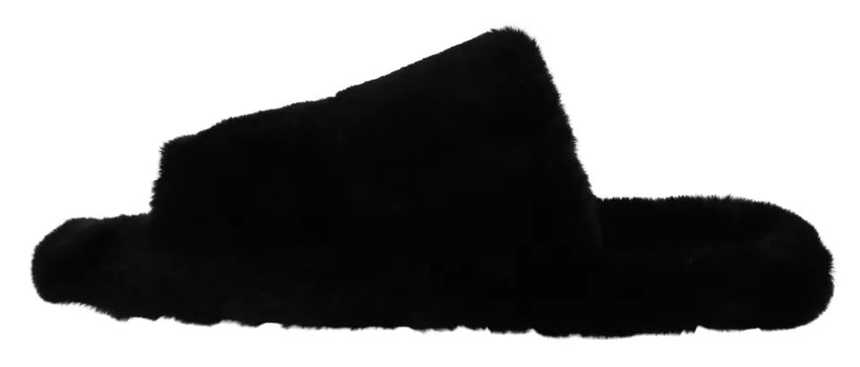 Black Polyester Faux Fur Mens Flats Sandals Shoes