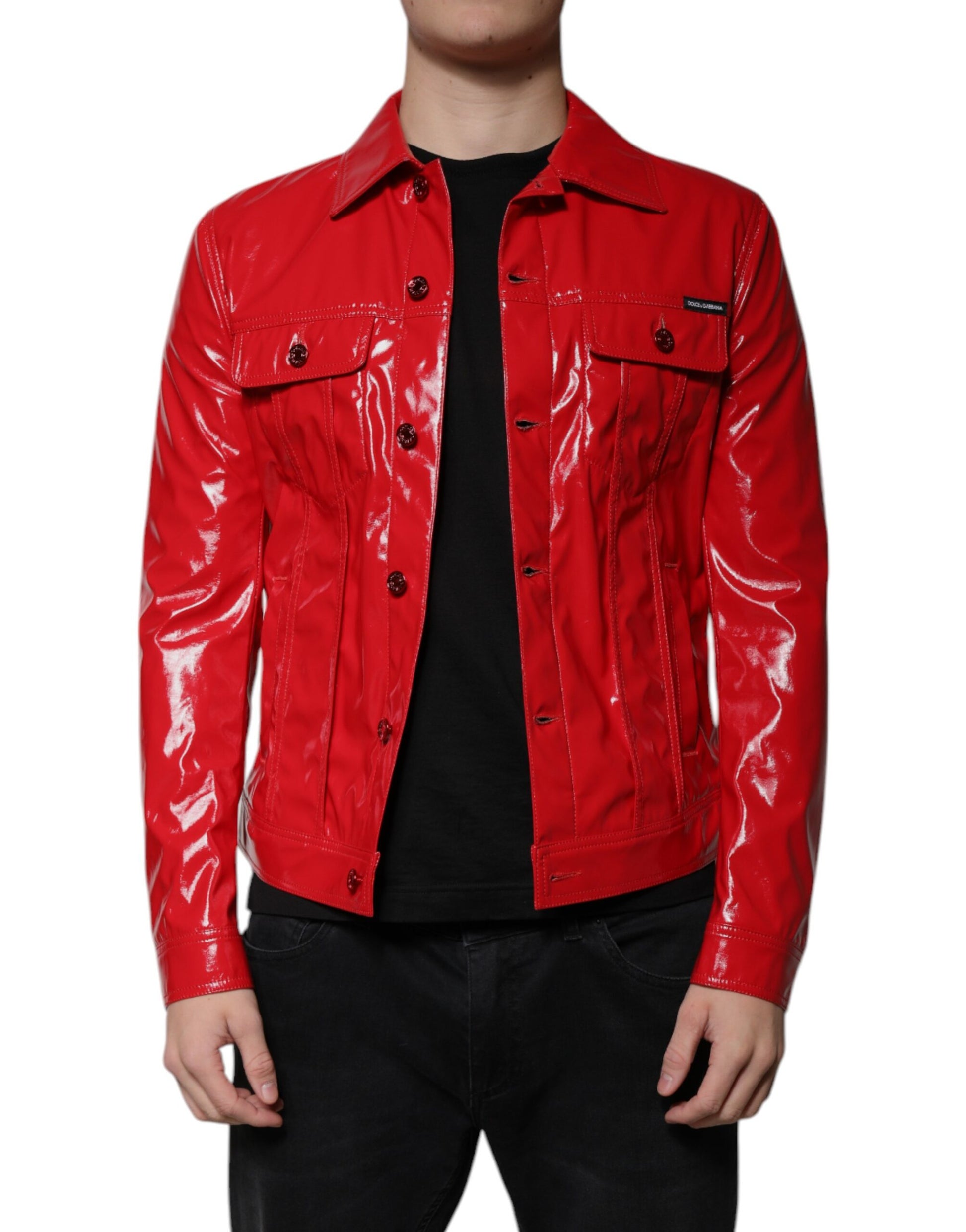 Red Polyester Button Down Collared Jacket