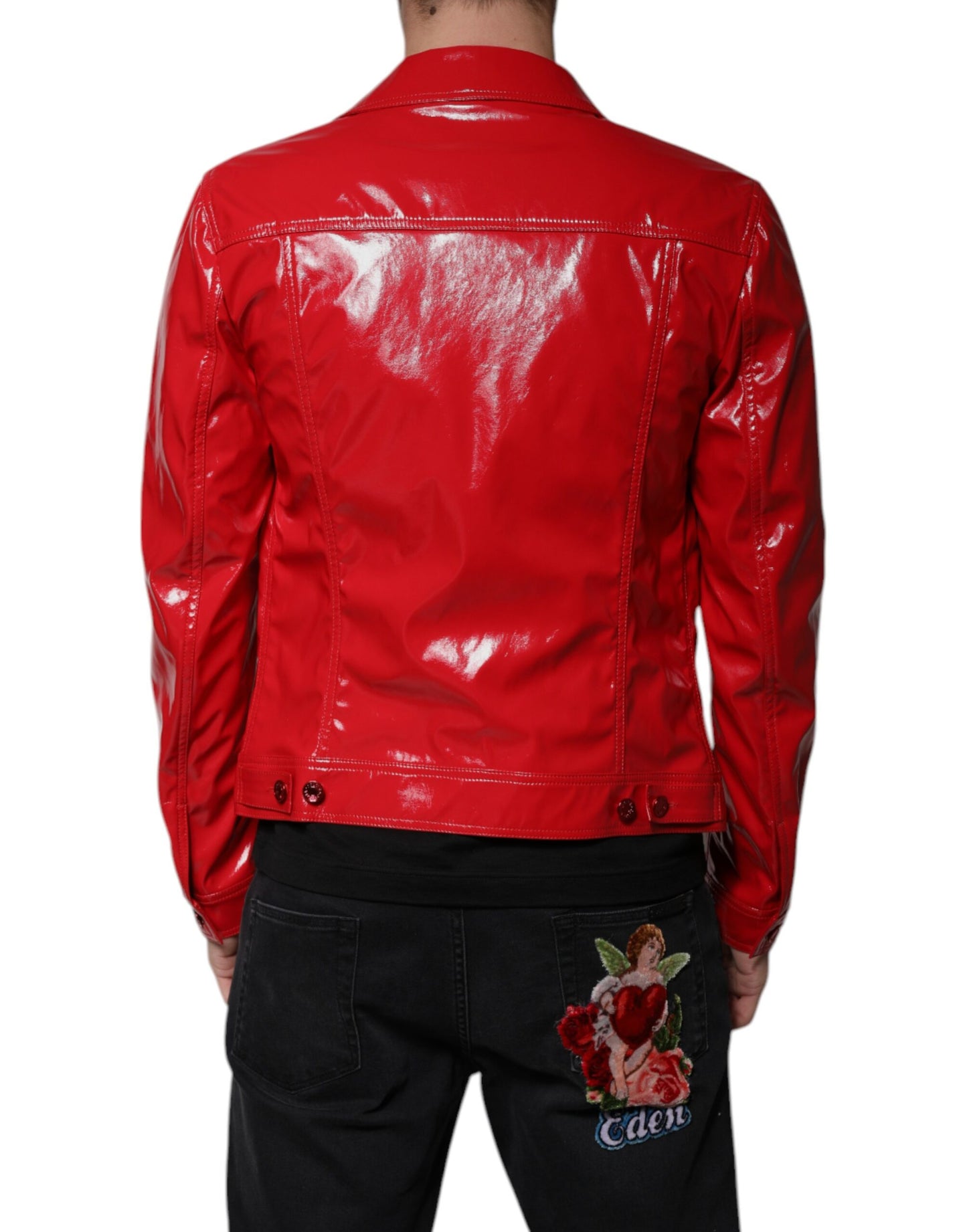 Red Polyester Button Down Collared Jacket