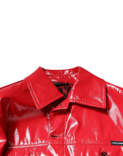 Red Polyester Button Down Collared Jacket