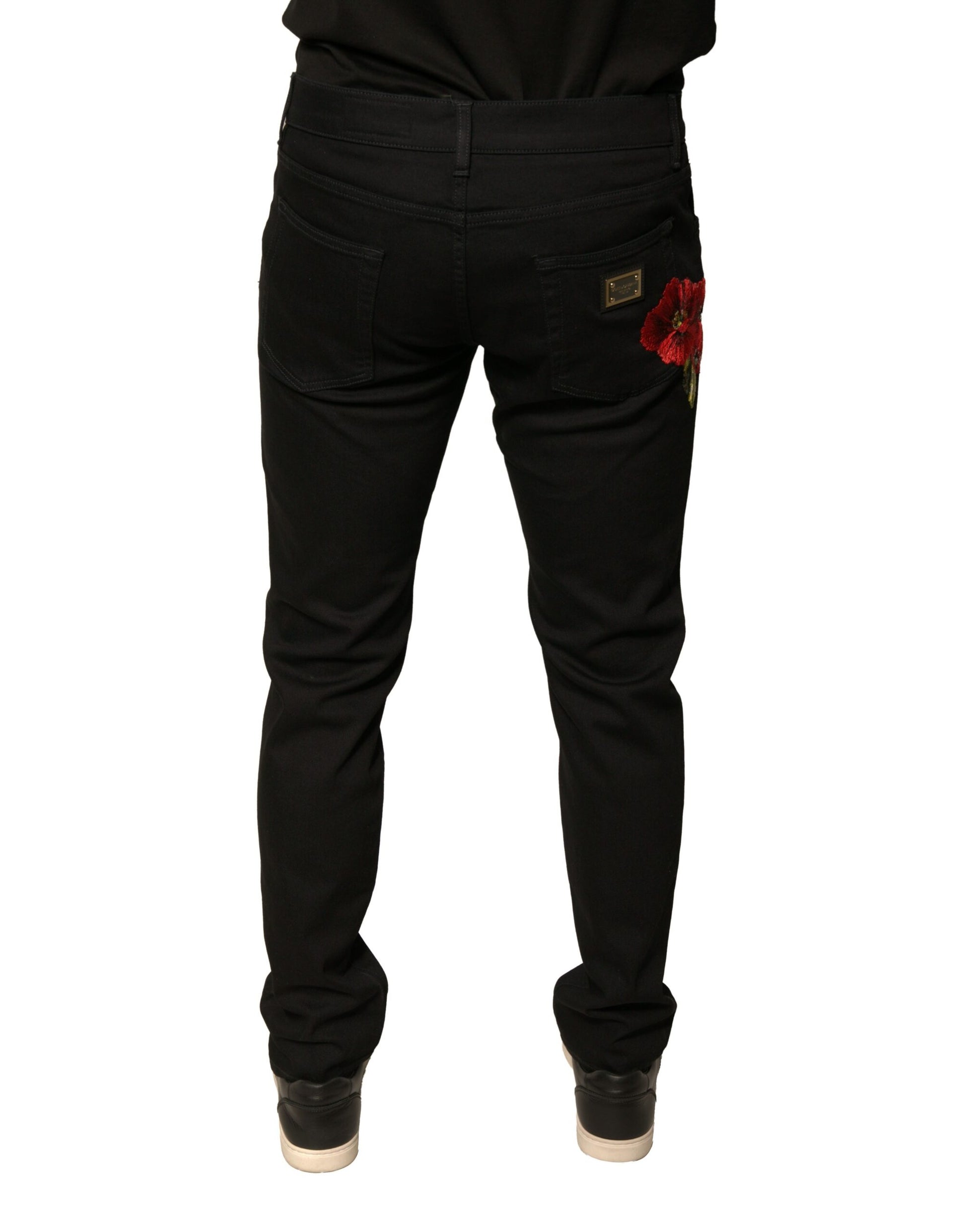 Black Floral Cotton Stretch Slim Denim Jeans