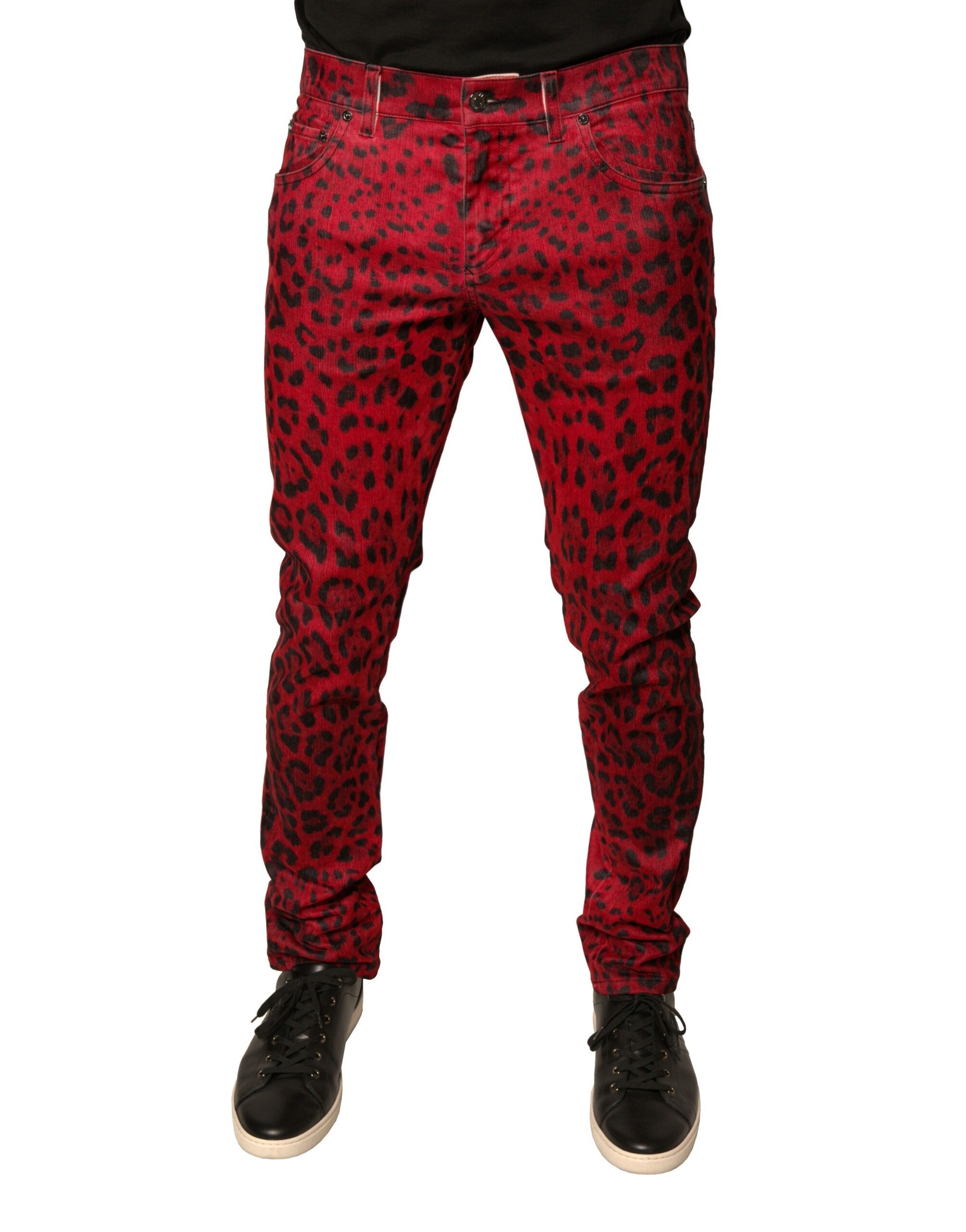 Red Leopard Cotton Stretch Skinny Denim Jeans