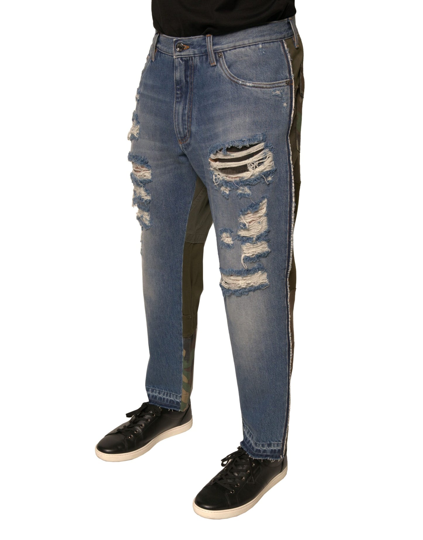 Blue Tattered Straight Cropped Denim Jeans