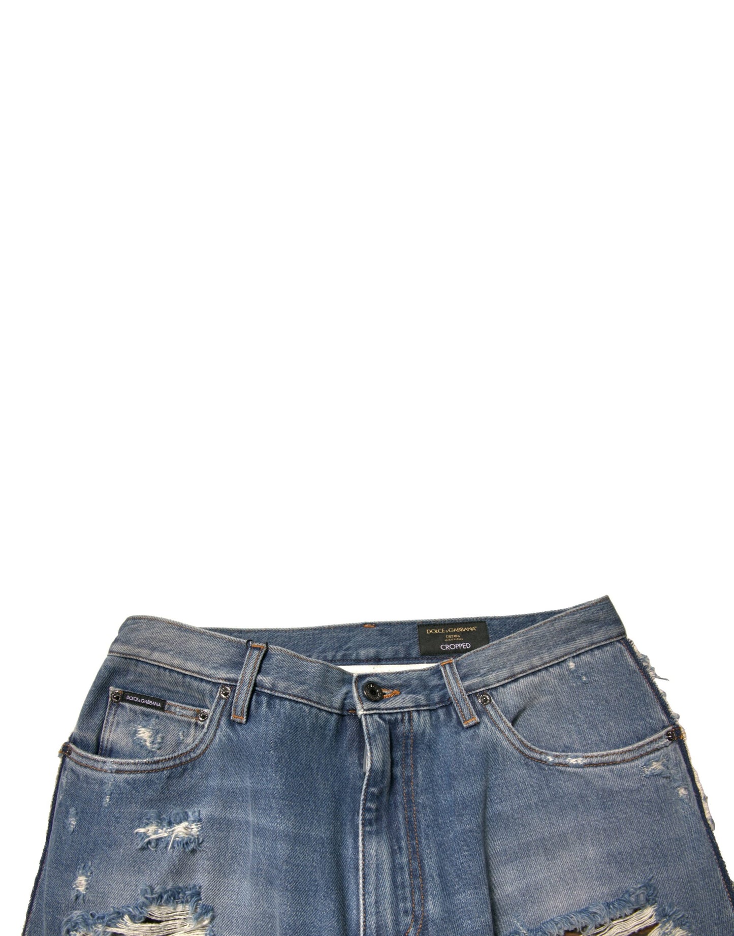 Blue Tattered Straight Cropped Denim Jeans