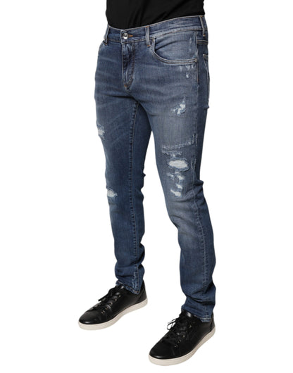 Blue Tattered Cotton Stretch Skinny Denim Jeans