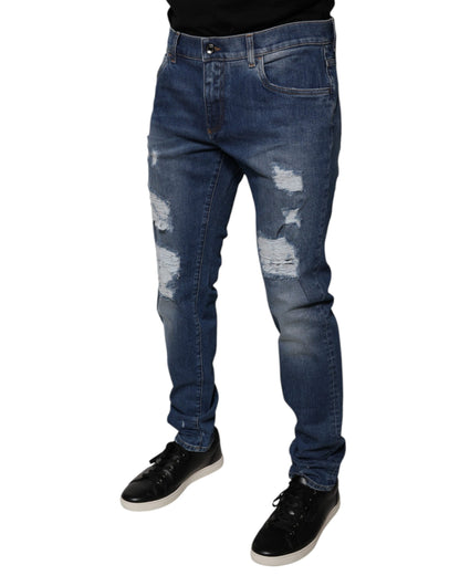 Blue Cotton Tattered Skinny Denim Jeans