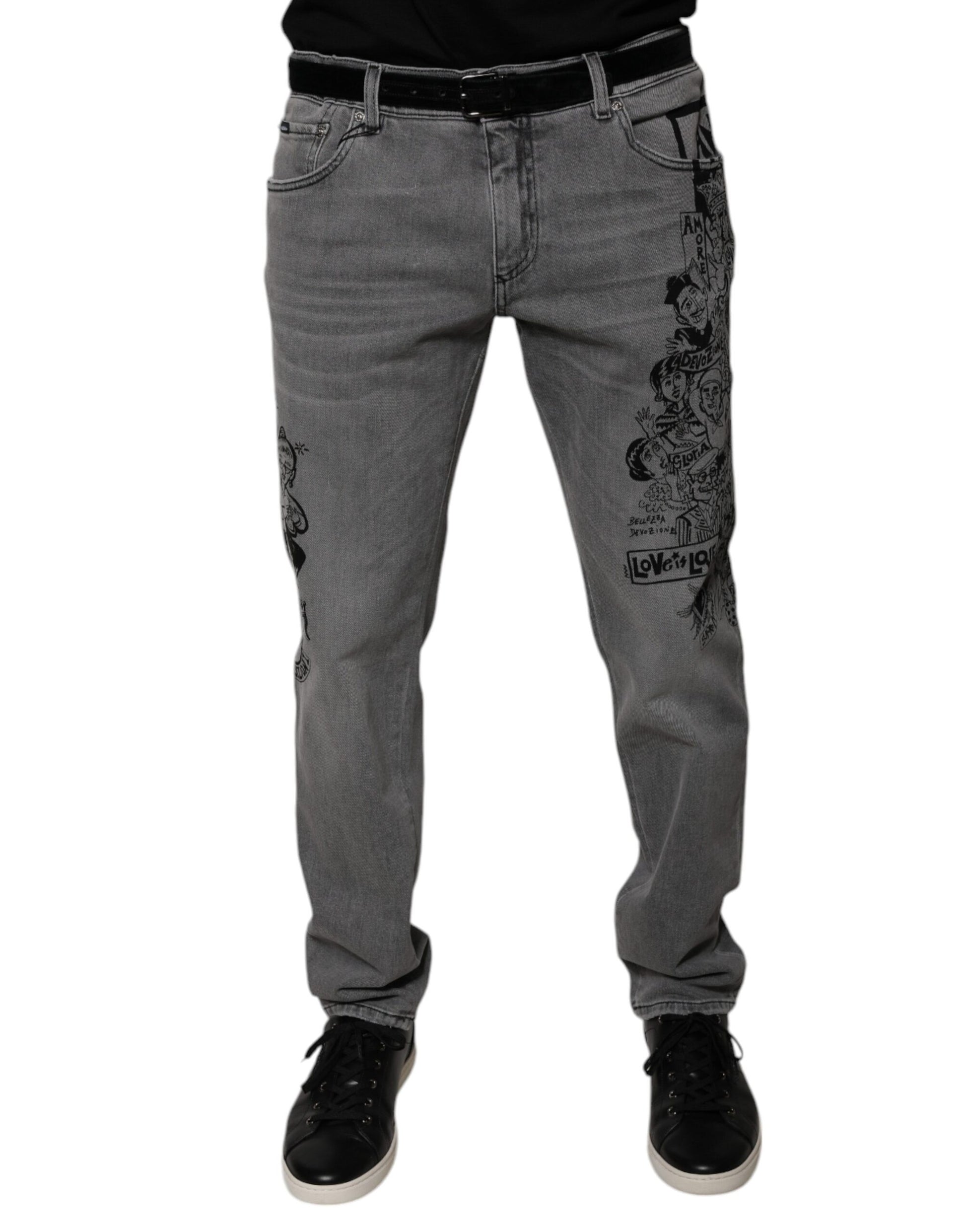 Gray Graphic Print Cotton Skinny Denim Jeans