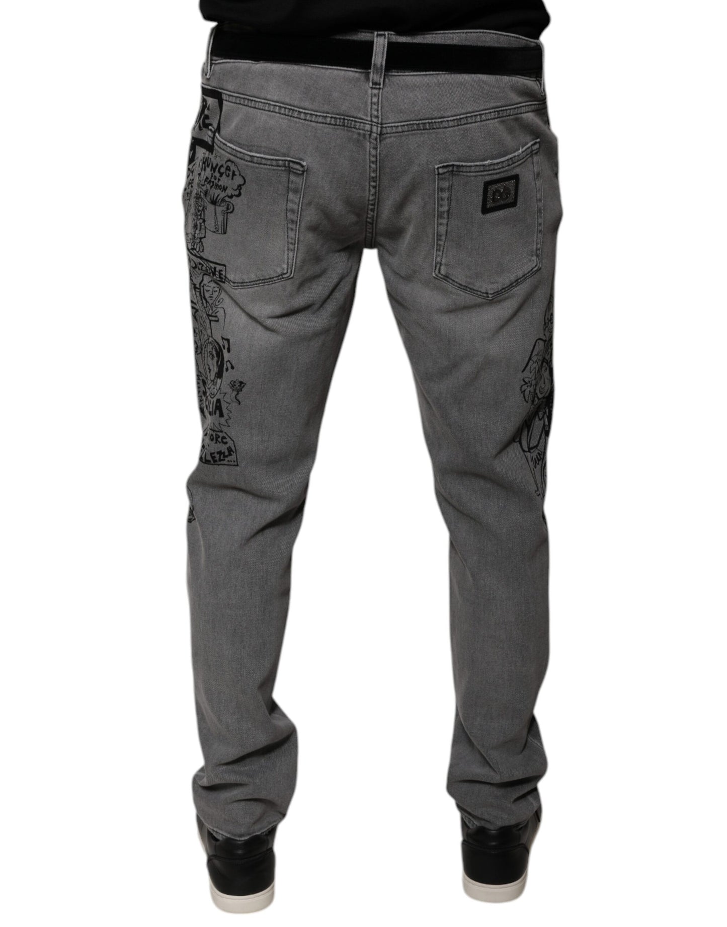 Gray Graphic Print Cotton Skinny Denim Jeans