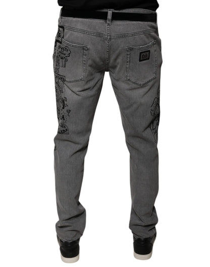 Gray Graphic Print Cotton Skinny Denim Jeans