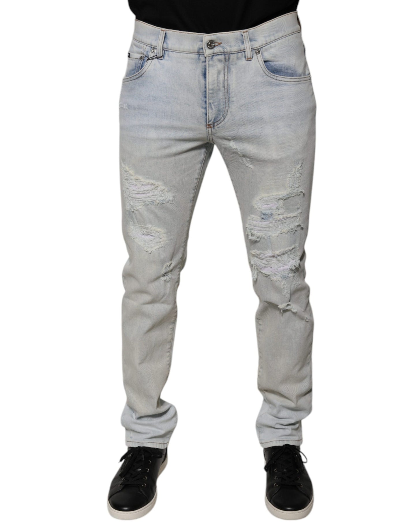 Light Blue Cotton Blend Tattered Skinny Denim Jeans