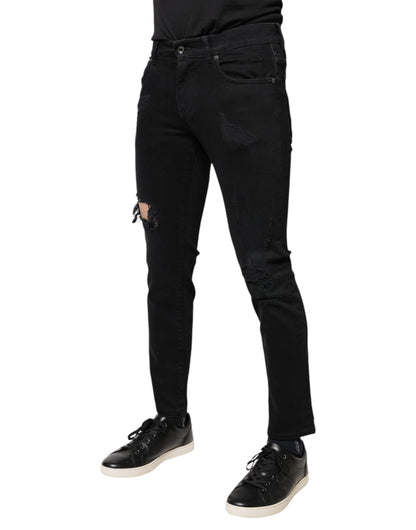 Black Cotton Tattered Skinny Denim Logo Jeans