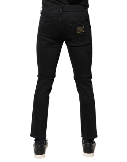 Black Cotton Tattered Skinny Denim Logo Jeans