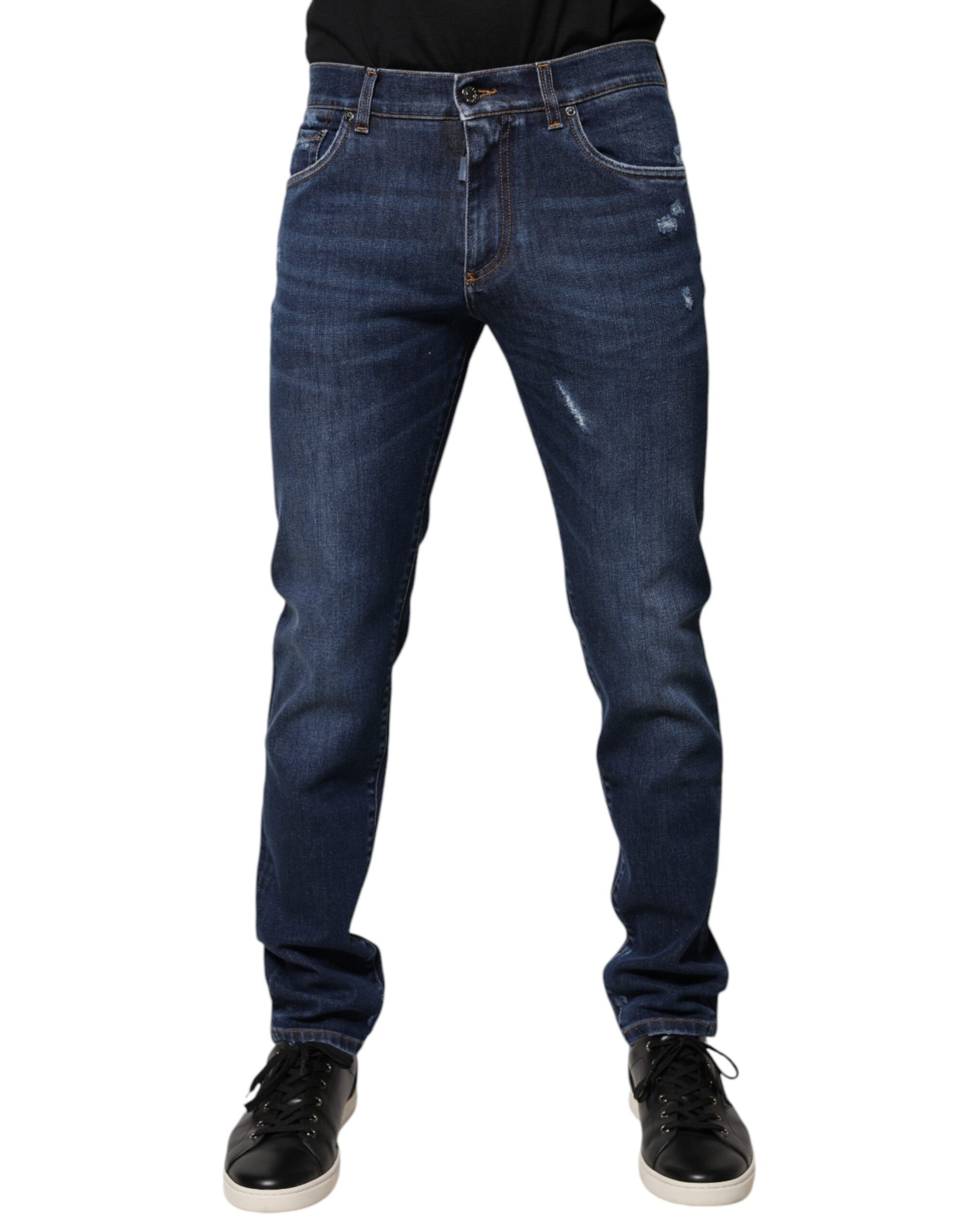 Blue Cotton Logo Print Slim Fit Denim Jeans