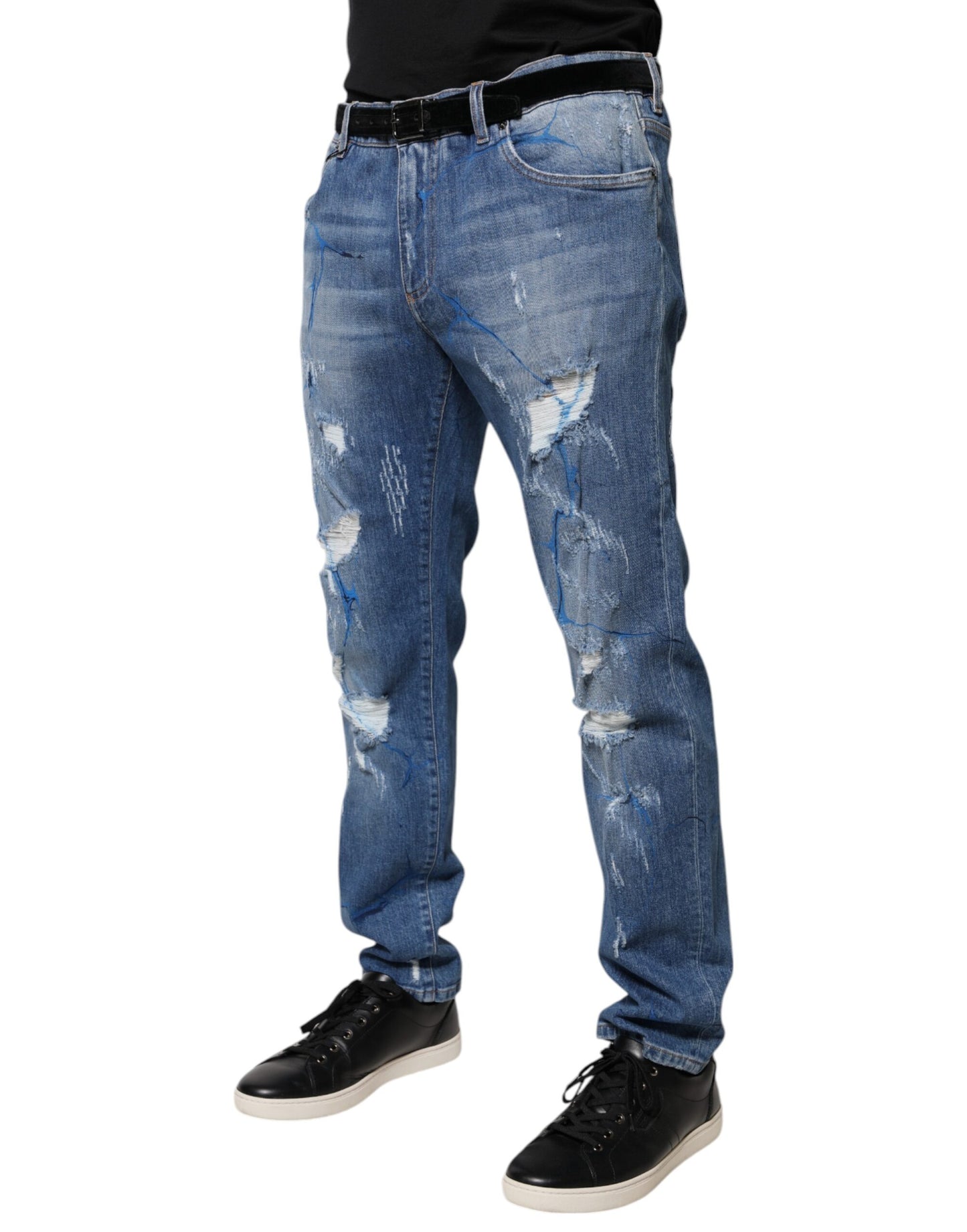 Blue Cotton Stretch Tattered Skinny Denim Jeans