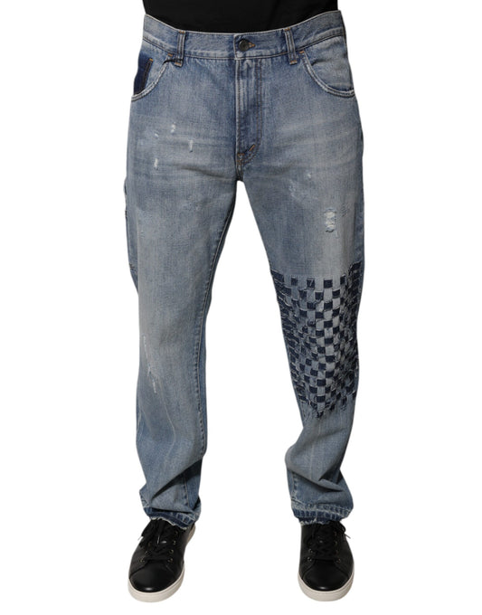 Light Blue Patterned Cotton Men Denim Jeans