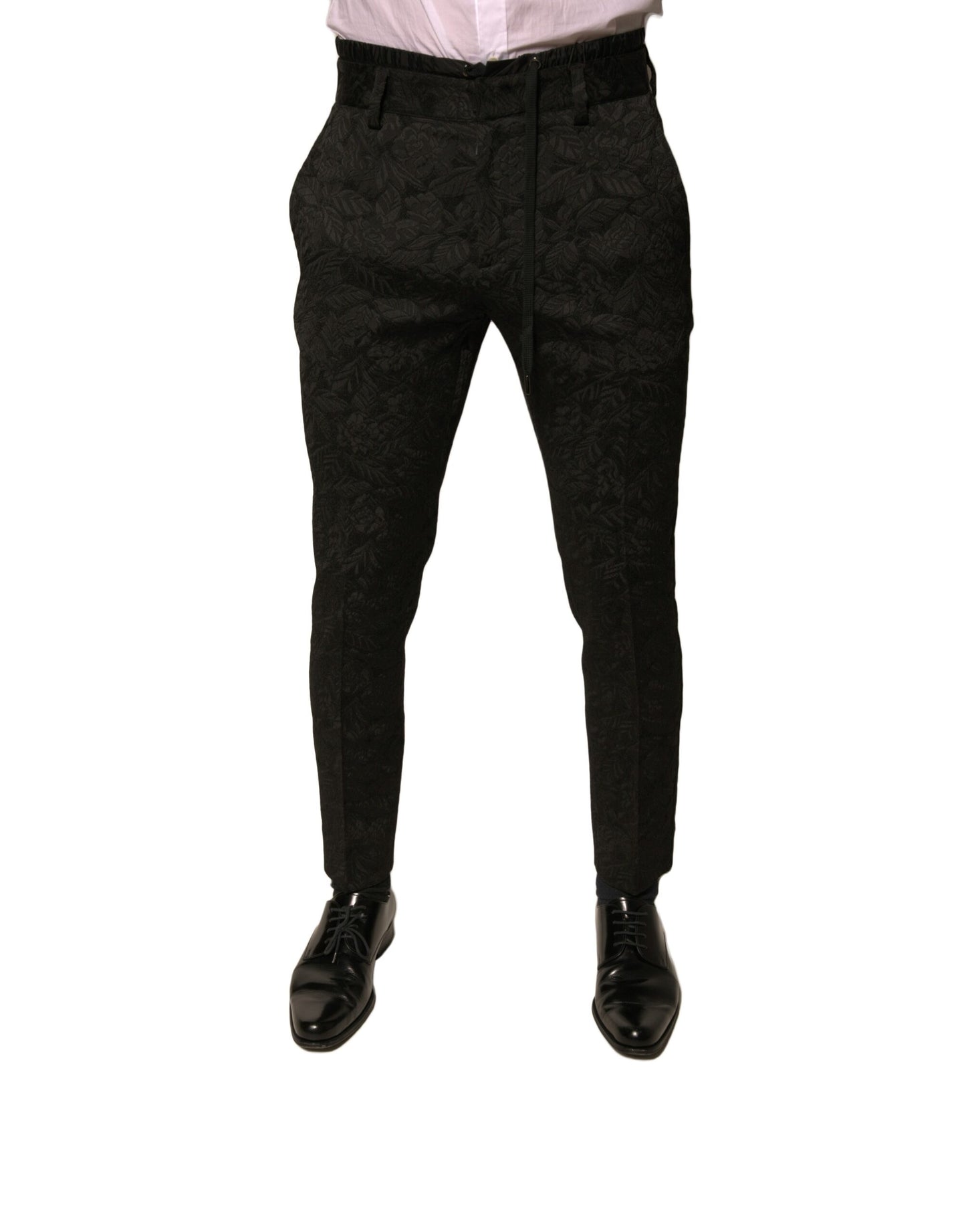 Black Brocade Polyester Skinny Men Dress Pants