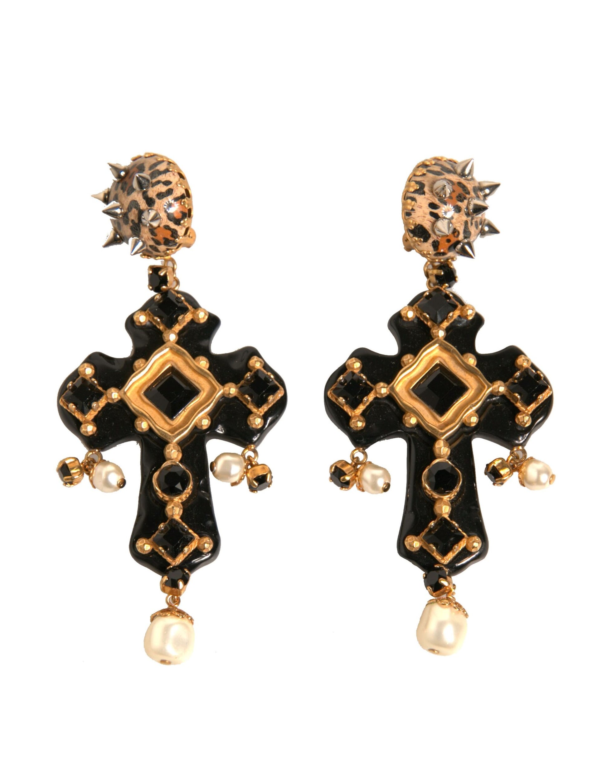 Black Crystal Cross Crystal Embellished Gold Clip On Earrings