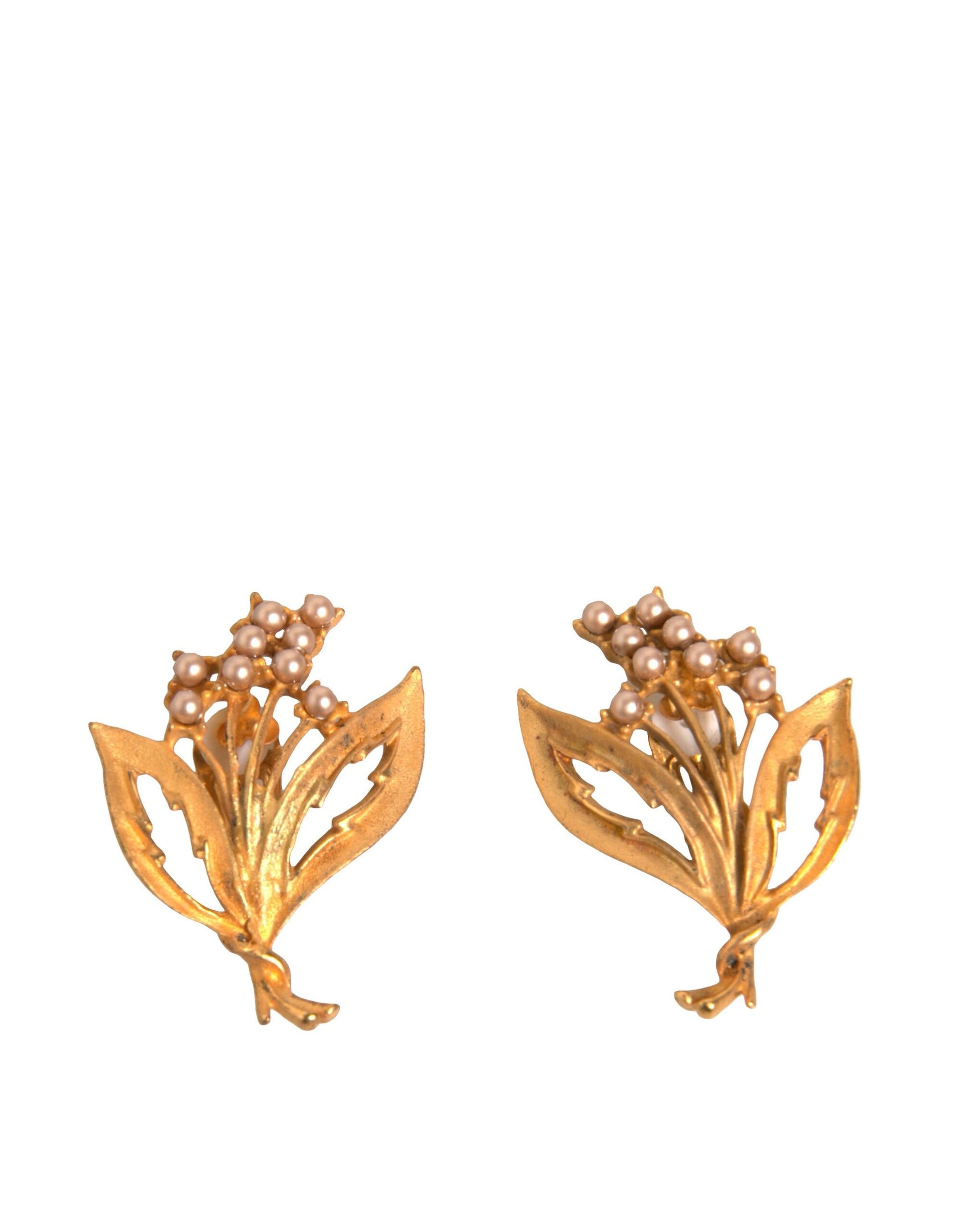 Gold Tone Brass Lily Of The Valley Pearl Clip On Earrings