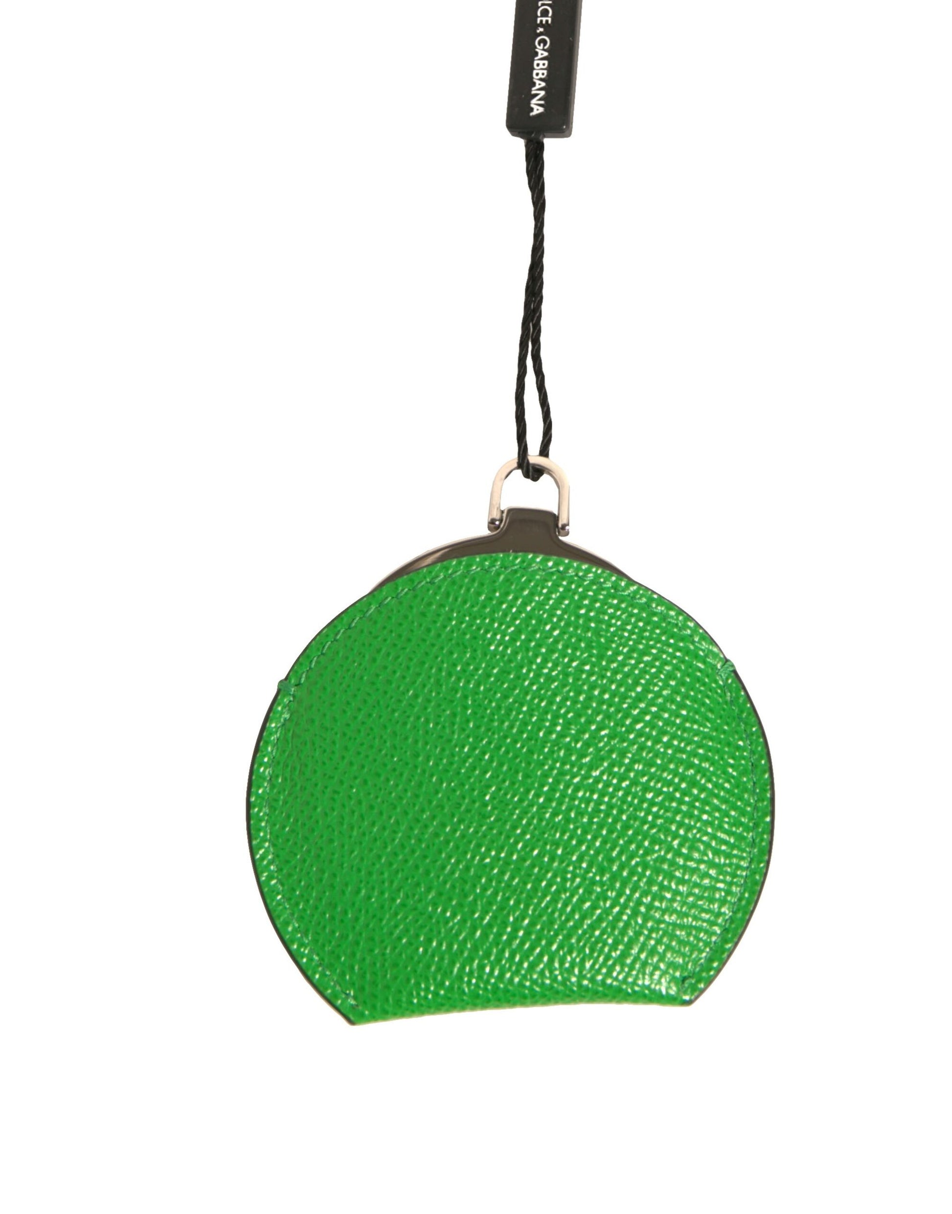 Green Calfskin Leather Round Logo Hand Mirror Holder