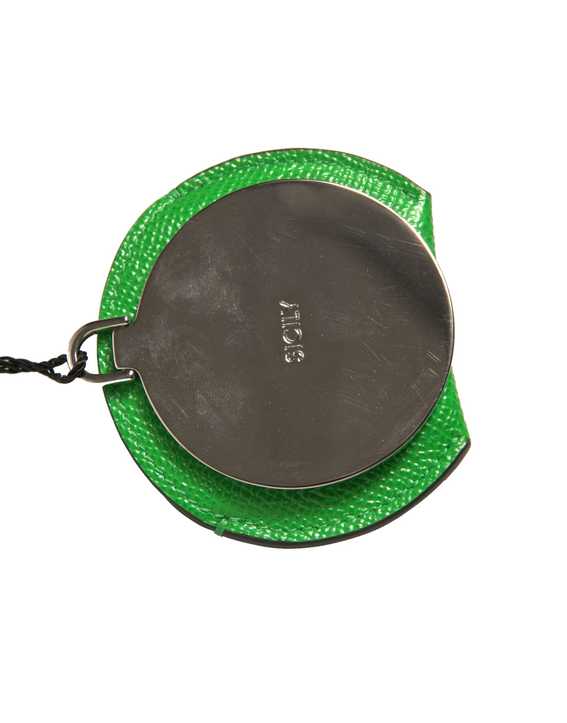 Green Calfskin Leather Round Logo Hand Mirror Holder