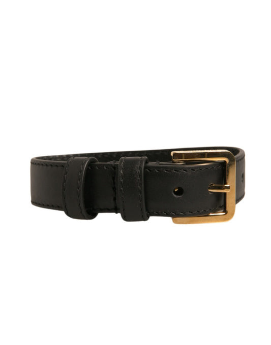 Black Textured Leather Gold Tone Metal Buckle Armband