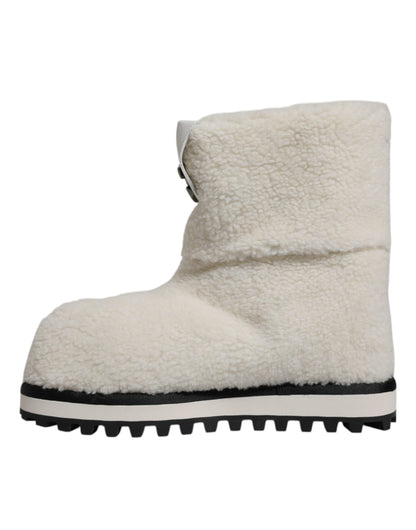 White Plush Logo Padded Mid Calf Boots Shoes