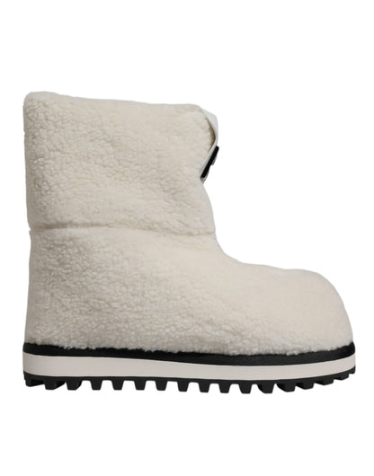 White Plush Logo Padded Mid Calf Boots Shoes