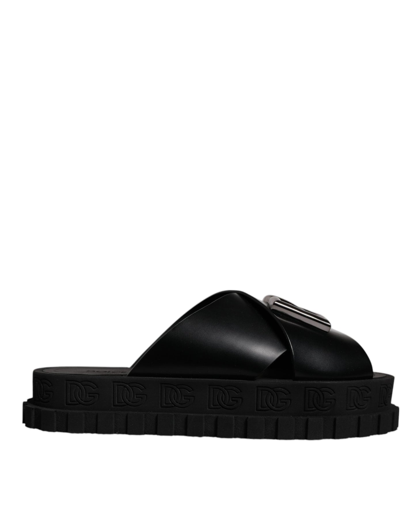 Black Leather DG Criss Cross Slides Sandals Shoes