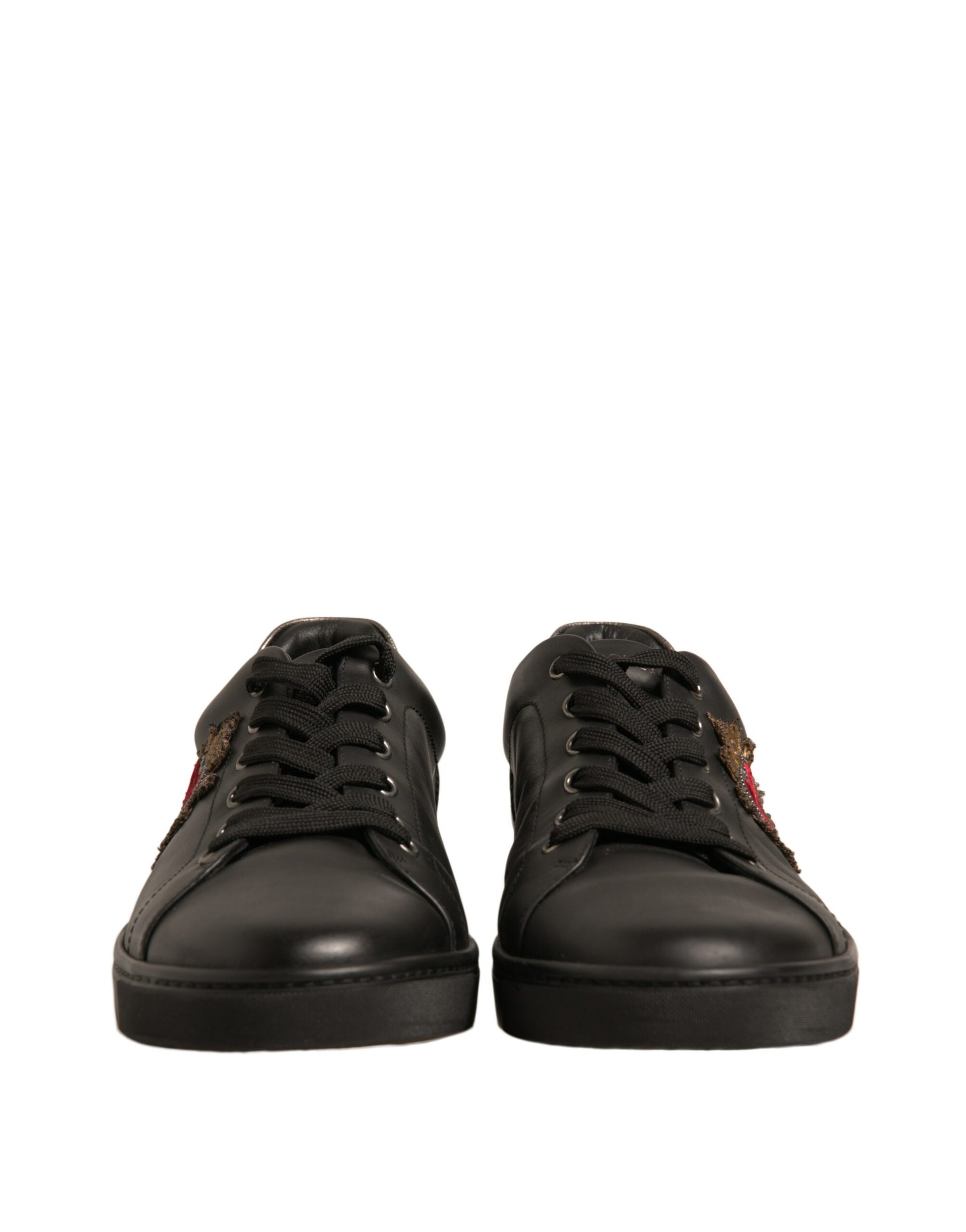 Black Leather Heart Embellished Sneakers Shoes