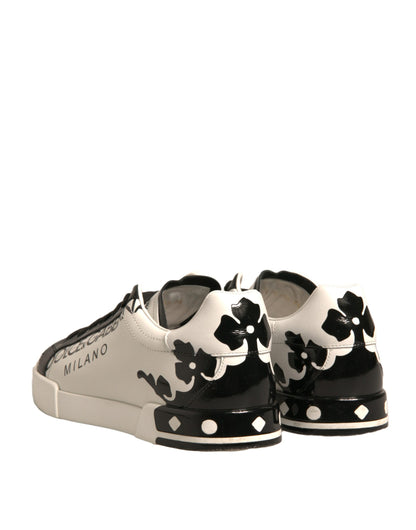 White Black Leather Crown Milano Sneakers Shoes