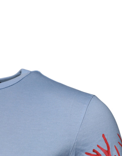 Light Blue Coral Cotton Men Crew Neck T-shirt