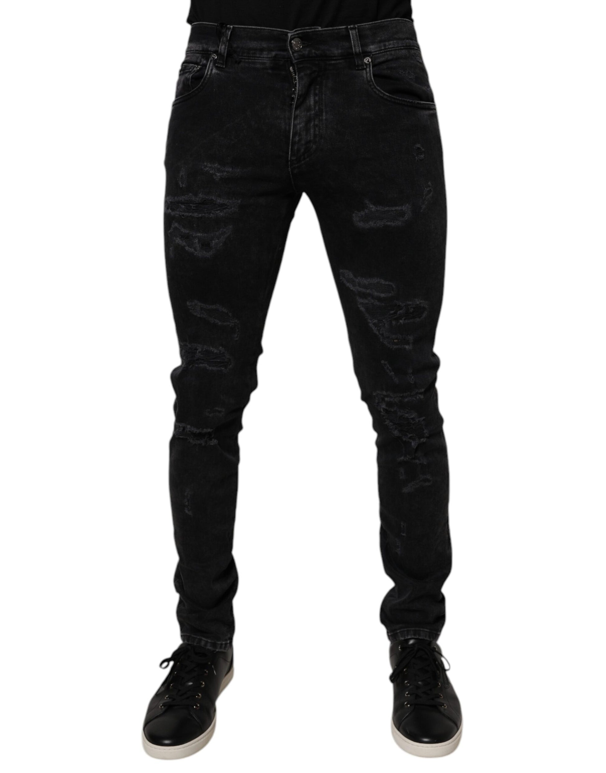 Black Tattered Cotton Skinny Men Denim Jeans