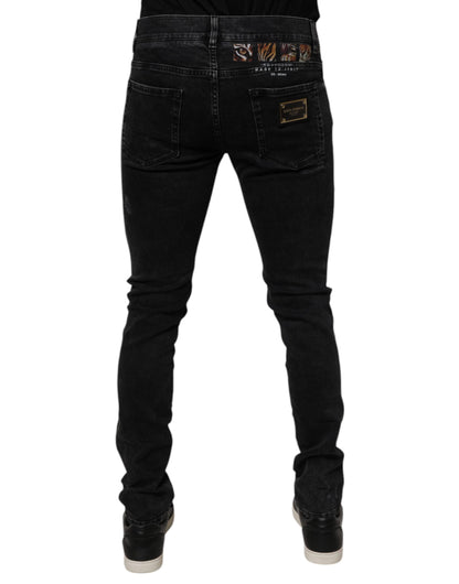 Black Tattered Cotton Skinny Men Denim Jeans