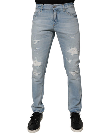 Light Blue Tattered Logo Skinny Denim Jeans