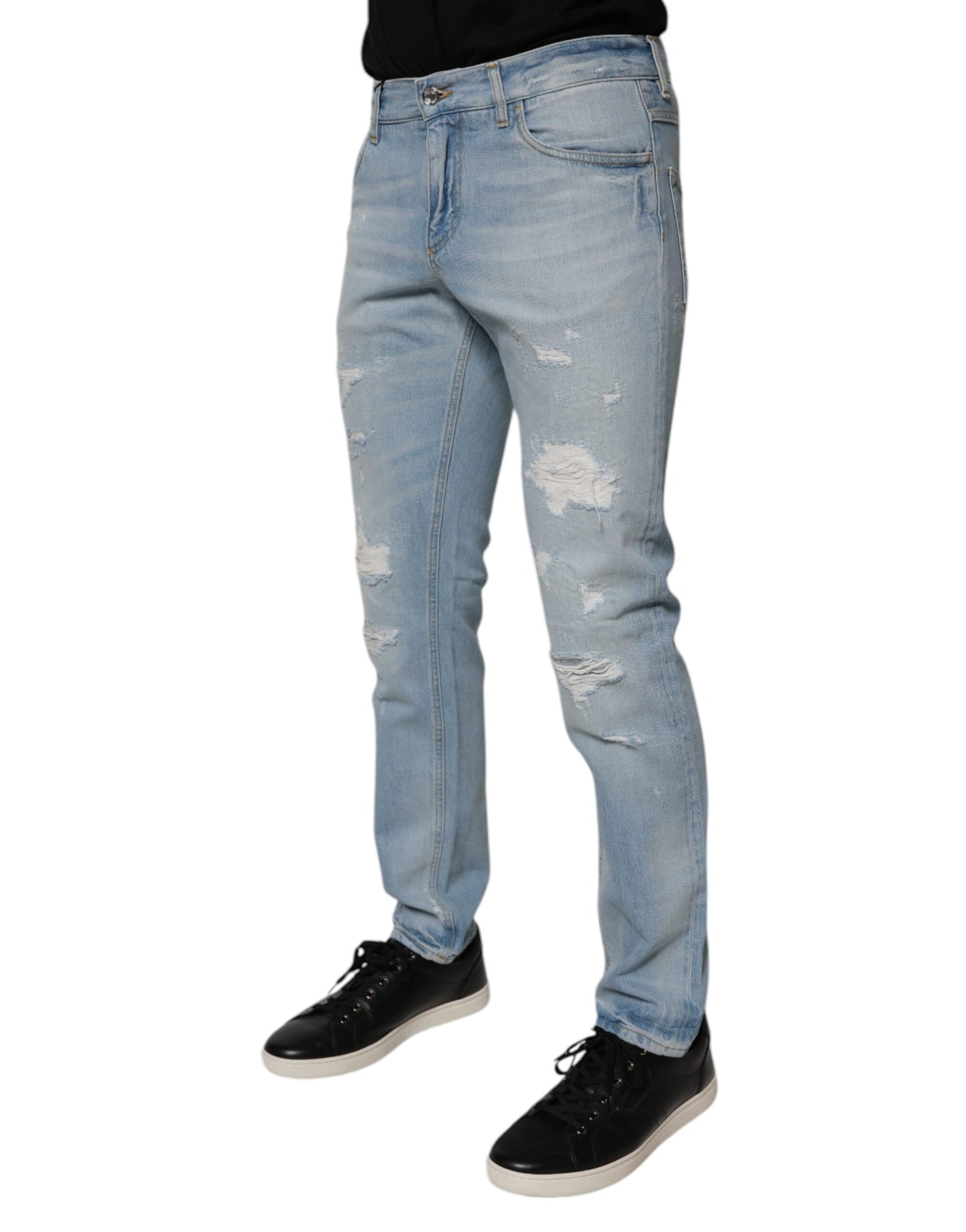 Light Blue Tattered Logo Skinny Denim Jeans