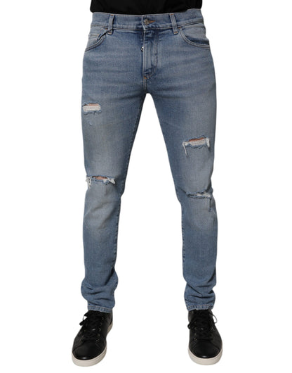 Light Blue Tattered Logo Slim Men Denim Jeans