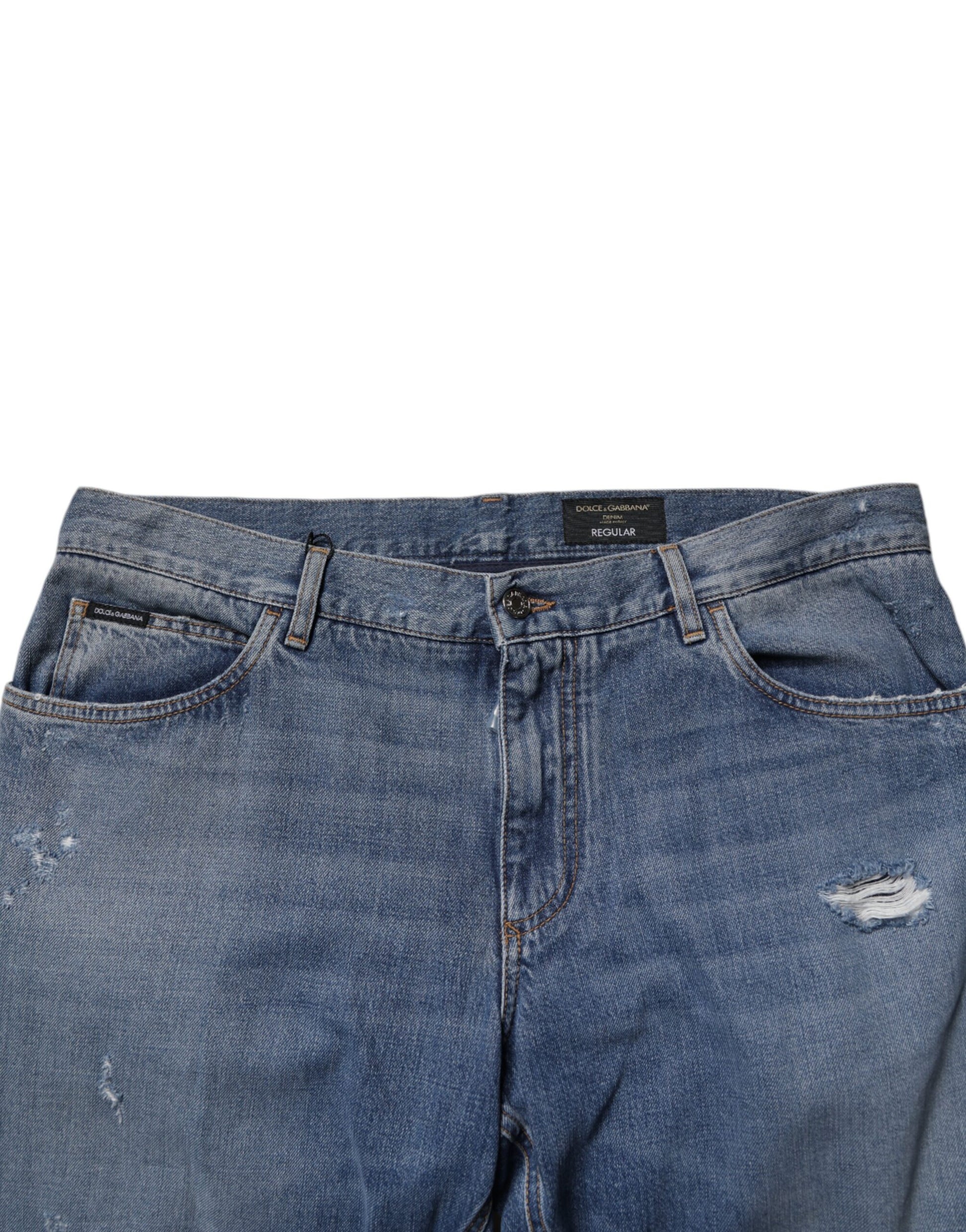 Blue Tattered Cotton Straight Denim Jeans