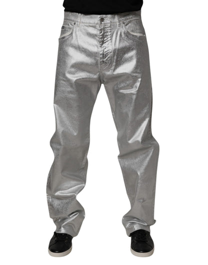 Metallic Silver Cotton Straight Denim Jeans