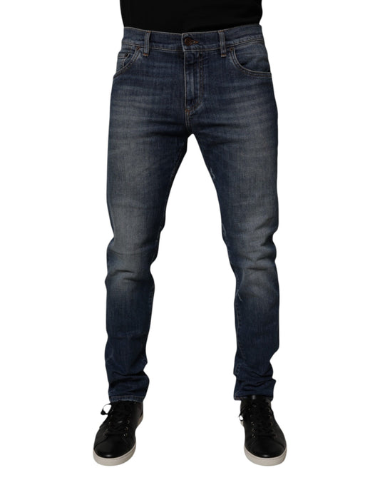 Dark Blue Cotton Leather Skinny Denim Jeans