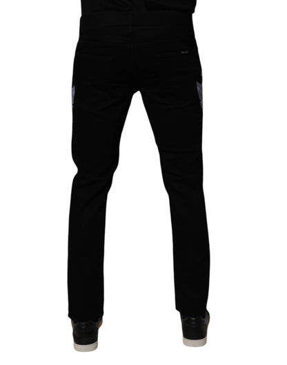 Black Floral Cotton Skinny Men Denim Jeans