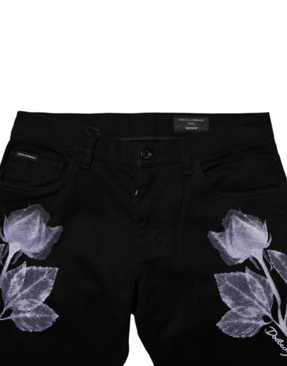 Black Floral Cotton Skinny Men Denim Jeans