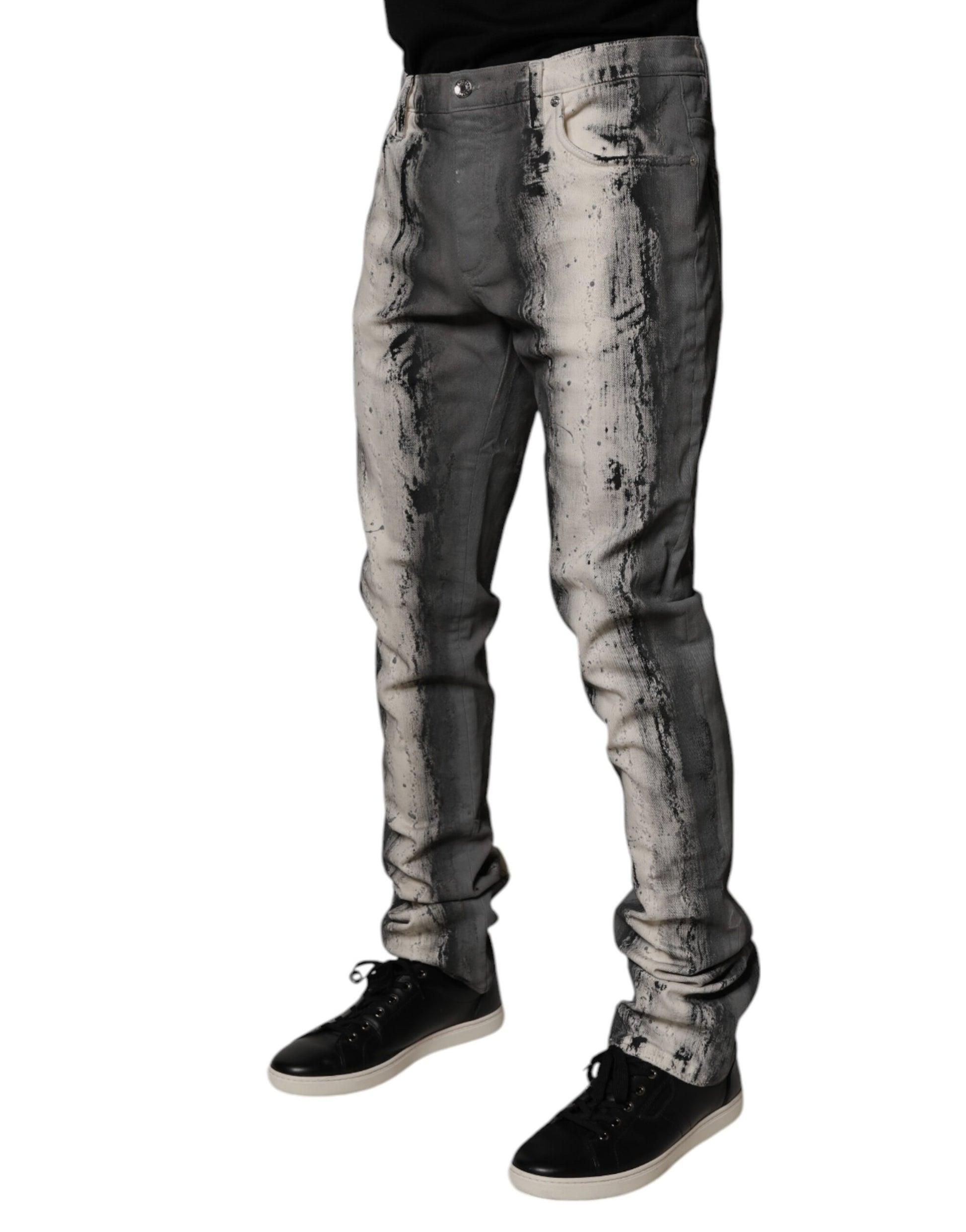 Gray Tie Dye Cotton Skinny Men Denim Jeans