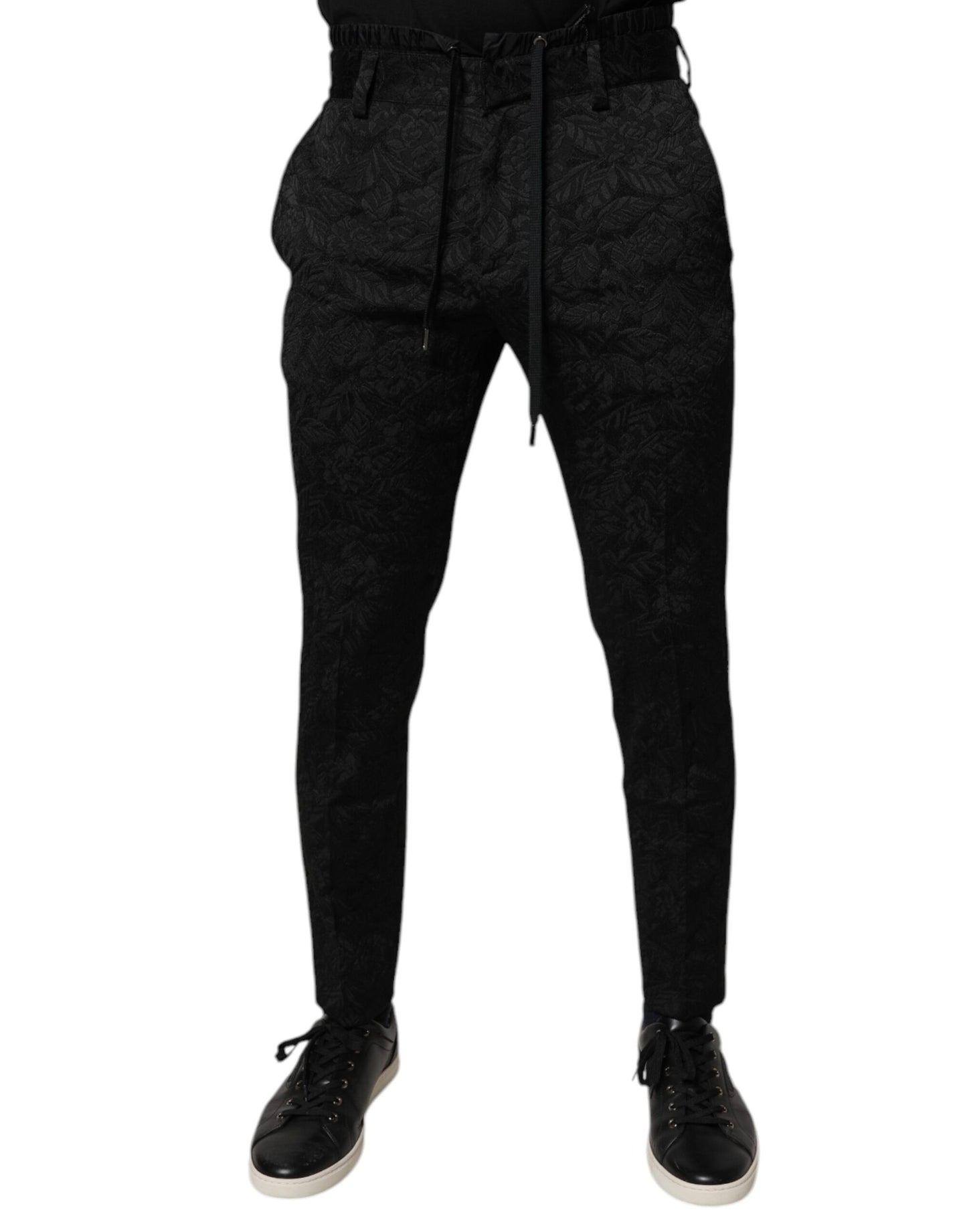 Black Brocade Polyester Skinny Dress Pants
